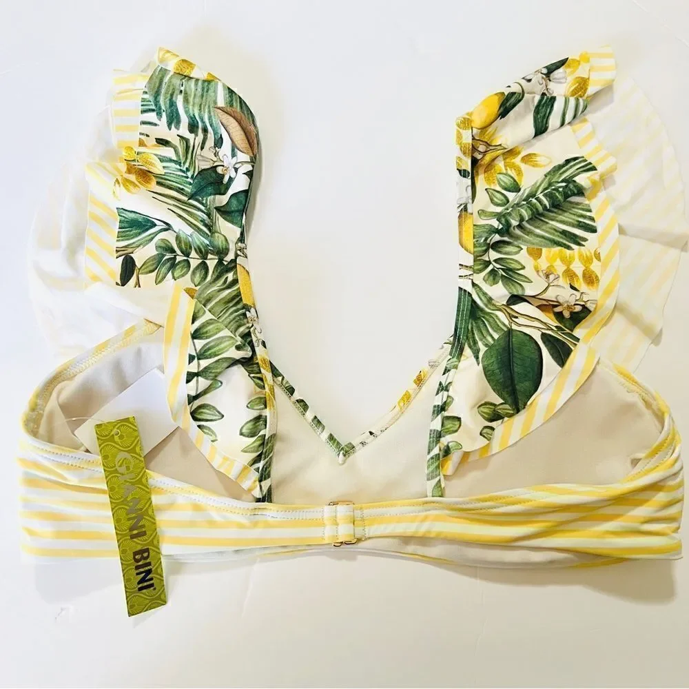 NWT New Gianni Bini Tropical Lemons Ruffled Bralette Bikini Swim Feminine L